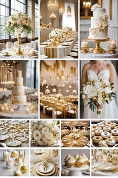 a collage of photos showing different types of wedding cakes and desserts in gold, white and silver