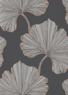 a black and white wallpaper with large leaves on it