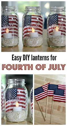 four mason jars with candles and american flags in them, one is filled with rice