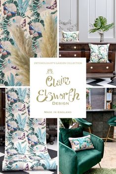 a collage of green and blue decor items