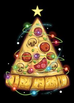 a slice of pizza with toppings and lights on it's face is in the shape of a christmas tree