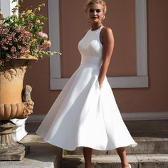 Women Halter Slim Waist Midi Dresses-STYLEGOING Mid Length Wedding Dress, 1950 Wedding Dress, Retro Wedding Dresses, Short White Dress Wedding, Simple Satin, Knee Length Wedding Dress, Mini Wedding Dresses, Wedding Dress With Pockets, Wedding Dress Fabrics