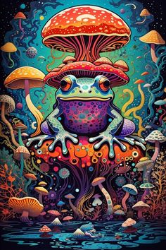 a painting of a frog with mushrooms on it's head and legs in the water