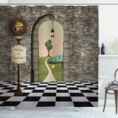 a bathroom with a checkered floor and stone walls