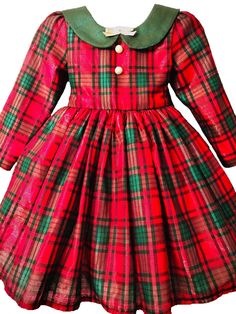 *Made To Order* Absolutely stunning Designer Sparkly Christmas tartan Cotton Lurex (86% cotton 14% Lurex) fabric handmade girls Christmas dress with contrast green lurex sash and collar, this dress just screams Christmas!  The bodice is lined and fastens at the back with handmade gold textured buttons, there's a choice of either full length lined sleeves or short gathered sleeves, peter pan collar with small gold bow detail with the same handmade gold textured buttons placed on the front, it also has a sash from the side seams to tie into a perfect bow accentuating the back of the dress. The dress finishes just above the knee and has a full lace trimmed tulle underskirt with a cotton lining to make it extra full and twirly, the front has handmade gold textured buttons down the centre for t Homemade Dresses, Red Tartan Dress, Plaid Christmas Dress, Girls Occasion Dresses, Christmas Tartan, Homemade Dress, Sparkly Christmas, Tulle Underskirt, Christmas Dress Baby