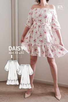 DAISY Puff Sleeve Mini Dress PDF Digital Sewing Pattern for Women Sizes XS-4XL Daisy Dress: With a gorgeous off the shoulder neckline that captures the gentle curves of a woman's dêcolletage and romantic billowy balloon sleeves, this delightful dress is a dream to wear. Maxi Dress Pattern Sewing, Jackie Dress, Sewing Challenge, Modern Sewing Patterns, Dress Patterns Free, Daisy Dress, Easy Sewing Patterns, Dress Sewing Pattern, Dress Sewing