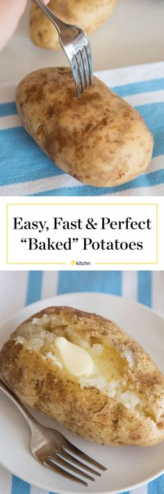 a person is eating baked potatoes on a plate with a fork and knife in front of them