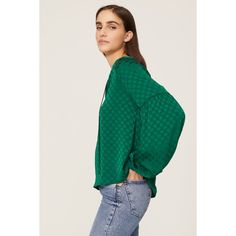 Emerald green jacquard (100% Polyester). Top. V-neck. Long sleeves. Pull on. 23.5" from shoulder to hemline. Imported. Green V-neck Blouse With Blouson Sleeves, Green V-neck Tops With Blouson Sleeves, Casual Green Blouse With Blouson Sleeves, Chic Green Blouson Sleeve Tops, Chic Green Top With Blouson Sleeves, Chic Green Tops With Blouson Sleeves, Casual Green Tops With Blouson Sleeves, Green Tops With Blouson Sleeves For Fall, Green Blouse With Blouson Sleeves