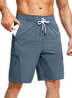 PRICES MAY VARY. 5 POCKERTS： 3 zipper pockets in front and thigh can safely store your phone and belongings. Back pockets and cargo pockets with drain hole provide a ton of storage CLASSIC STYLING：Featured elastic waistband with classic fly and surf tie closure for a personalized fit，ensures swim shorts don't sliding down when surfing or swimming QUICK DRYING & CHLORINE RESISTANT: The swim trunks made of chlorine resistant, quick-drying and lightweight fabric, great at keeping you dry and cool d Functional Short Swim Trunks With Pockets, Functional Travel Shorts With Side Pockets, Blue Swim Trunks With Pockets For Outdoor Activities, Swim Trunks With Pockets For Outdoor Activities, Short Length Swim Trunks With Pockets For Outdoor Activities, Short Swim Trunks With Pockets For Outdoor Activities, Outdoor Swimwear With Pockets And Short Shape, Functional Short Swimwear With Pockets, Swimwear For Men