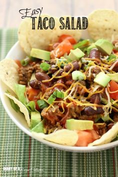 easy taco salad in a bowl with tortilla chips