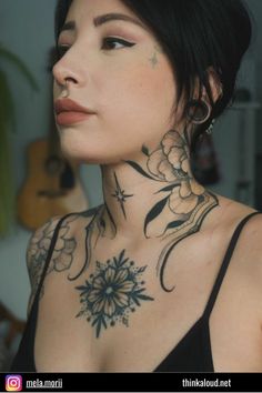 Ornament Neck Tattoo, Neck Star Tattoo, Cool Neck Tattoos, Neo Realism, Owl Neck Tattoo, Chest Neck Tattoo, Mama Tattoo, Side Neck Tattoo