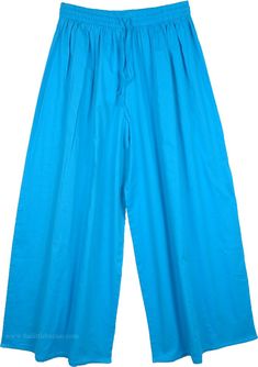 Cerulean Blue Elephant Leg Hollywood Pant - A split skirt pant in a charming blue - a perfect wide leg pants for summer season. Comfort and freedom are yours in this beautiful pure cotton fabric pants - Made of cotton these skirt-pants are airy and comfortable with elastic and drawstring. The skirts have wide legs, ideal to idle away your evening or weekend in style!; Material: 100% Cotton; Waist: 28" - 36" (elastic with drawstring) Length: 39", Inseam: 25"; Care: Hand wash separately in cold wa Beach Cotton Harem Pants In Solid Color, Beach Harem Pants In Solid Cotton, Beach Cotton Harem Pants, Blue Cotton Straight Pants, Blue Ankle-length Beach Pants, Blue Ankle-length Pants For Beach, Light Blue Summer Beach Pants, Cotton Wide Leg Ankle-length Pants For Beach, Cotton Ankle-length Wide Leg Pants For Beach