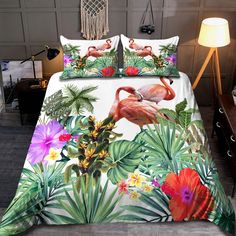 flamingos and tropical plants on white bedding