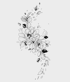 a black and white drawing of flowers on a light gray background, with leaves coming out of the petals