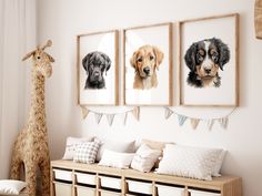 three dogs are hanging on the wall above a bench