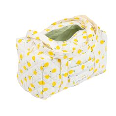 Discover elegance in compact form with our Lemonade Mini Duffel Bag, a stylish carry-all with a convenient zippable front pocket,  crafted to be your perfect companion for impromptu outings or as a sleek organizer for your essentials.    The quilted exterior features a beautiful lemon-themed pattern, complemented by a classy striped green interior.   From gym sessions to weekend getaways or daily errands, this mini duffel effortlessly blends organization with style, offering a chic solution for your on-the-go lifestyle.  Size: 12" x 7" x 7" Practical Bags With Adjustable Strap For Overnight Trips, Overnight Trip Satchel Bag With Removable Pouch, Practical Bags With Zipper For Weekend Trips, Practical Bags For Weekend Trips With Zipper, Practical Bags For Weekend Trips With Zipper Closure, Practical Bag With Zipper Closure For On-the-go, Practical Rectangular Bag With Zipper Closure, Versatile Gym Bag With Zipper Closure For Daily Use, Versatile Gym Bag With Zipper For Daily Use