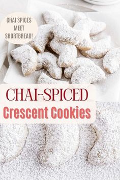 a plate full of powdered sugar cookies with the words cha - spiced on it