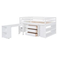 a white bunk bed with two drawers and a desk in front of it on a white background