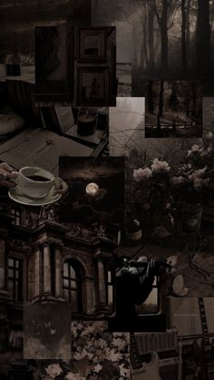 a collage of photos with coffee and books in the middle one is black and white