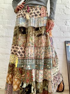 "Beautiful long boho style tiered skirt for summer time parties and daily wear  Super comfy, loose flared hem  Made patchwork of varieties fabric  MEAESURE free size Elastic waist 26-36} length 39\" MATERIAL *polyester Please visit also  https://www.etsy.com/shop/AltheaStores CARE INSTRUCTIONS  * Wash in warm water * Hand wash recommended * Hang to dry  IMPORTANT NOTE  * Please note that colour shown on your monitor may vary from the colour of the fabric, due to light. If you have any doubts ple Diy Boho Clothes, Patchwork Clothes, Boho Clothes, Diy Boho, Boho Skirts, Style Skirt, Summer Skirts, Tier Skirt, Summer Festival