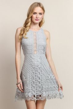 100% Polyester Fit And Flare Lace Mini Dress, Lace Fit And Flare Mini Dress, Spring A-line Sleeveless Lace Dress, Spring Lace A-line Sleeveless Dress, Gray A-line Mini Dress For Spring, Fitted Sleeveless Midi Dress For Spring, Fitted Midi Length Sleeveless Dress For Spring, Fitted Gray Floral Print Dress, Elegant Gray Summer Dresses