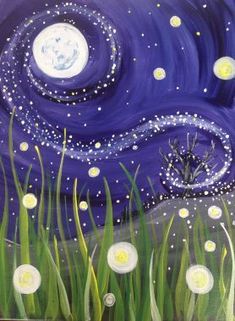 a painting of grass and flowers with the moon in the sky above it, painted on canvas