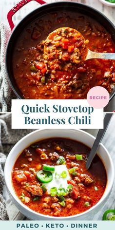 the recipe for quick stovetop beanless chili is in a skillet and ready to be eaten