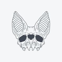 an animal skull with large wings on it's head, drawn in black and white