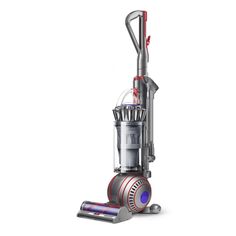 a silver and red vacuum on a white background