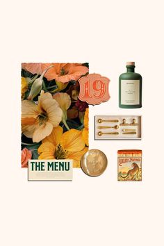 an assortment of items from the menu include brochures, flowers and other things