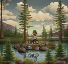 a painting of a man on a bicycle riding over a small lake surrounded by trees