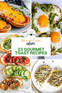 the collage shows different types of toast with eggs and vegetables on them, including bread slices