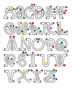 the alphabet is made up of different colored dots and letters, all in black and white