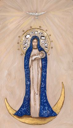 an image of the virgin mary in blue and gold with stars on her head, surrounded by crescents