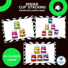 spider cup stacking game with four colored cards