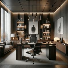 an office with lots of furniture and lighting on the walls, along with large windows