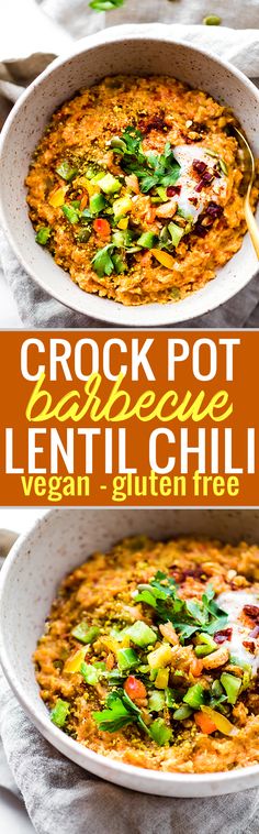 two bowls of crock pot vegetable lentil chili on top of each other with text overlay