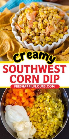 This creamy southwest corn dip is loaded with crisp chiles and bell peppers and spiced with homemade taco seasoning. Great with corn or tortilla chips! | southwest corn dip | southwest corn dip recipe | dip with southwest corn | creamy southwest corn dip | easy southwest corn dip | dips with corn | creamy corn dip | creamy corn dip recipe | party dips