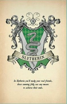 the slythern crest is shown in green and white with an ornate border around it