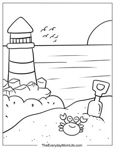 a black and white drawing of a lighthouse on the beach