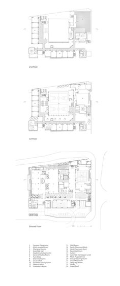 two drawings of the floor plan for a building with multiple levels and different sections, including one