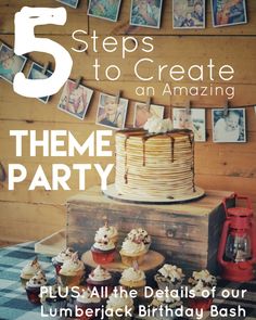 a birthday cake and cupcakes on a table with the words 5 steps to create an amazing theme party