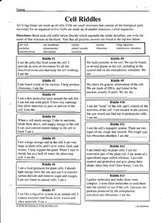 cell riddles worksheet with answers and answer sheets for students to use in the classroom