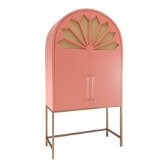 a pink cabinet with an intricate design on the front and side panels, against a white background