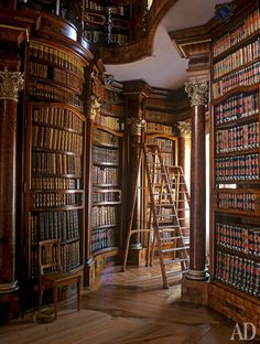 an old library with ladders and bookshelves full of books on the shelves