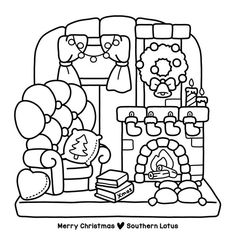 a black and white drawing of a christmas scene with presents on the fireplace, candles, gifts