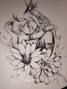 a drawing of two women hugging each other with flowers in the foreground and text that reads, i love you cross - foot