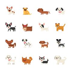 an image of dogs pixelated in different sizes and colors on a white background,