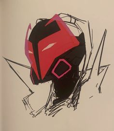 a drawing of a person wearing a red helmet with black and pink designs on it