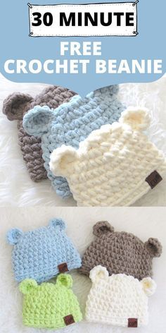 three crocheted teddy bears with the text, 30 minute free crochet beanie